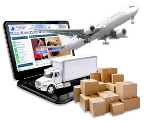 ノート型パソコンから飛び出すジェット機,パソコンの上に停車するトラック,積み上げられた小包の山